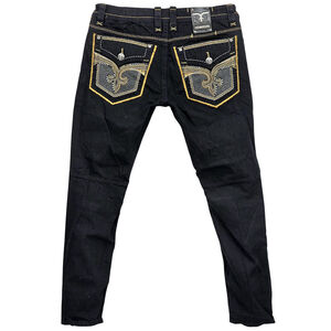 Rock Revival Sycamore Taper Jeans Mens 38 Black Gold Embroidered Designer Denim